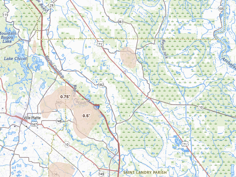 Radar-estimated hail-size map of the storm over Washington, LA on Aug 21, 2026