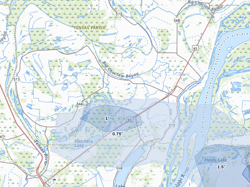 NEXRAD radar-signature map of the hail over Waterproof, LA