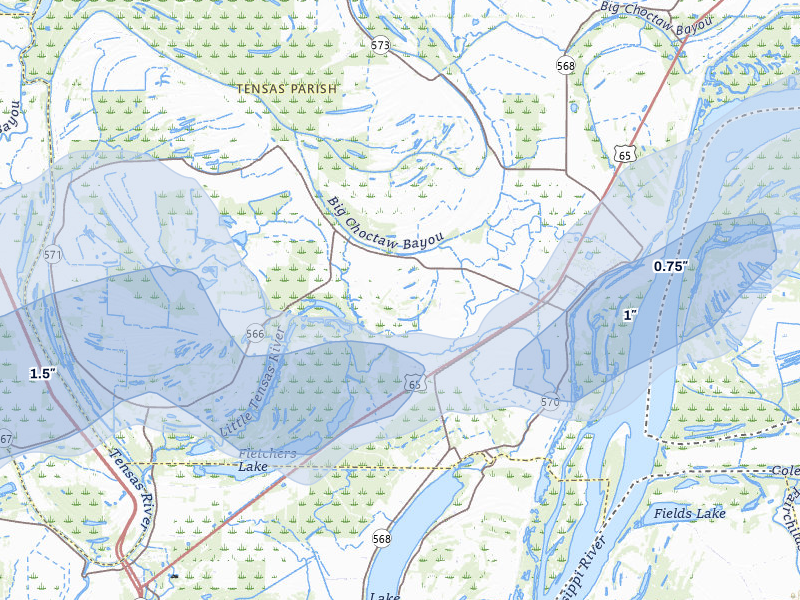 NEXRAD radar-signature map of the hail storm over Waterproof, LA on Jun 1, 2026