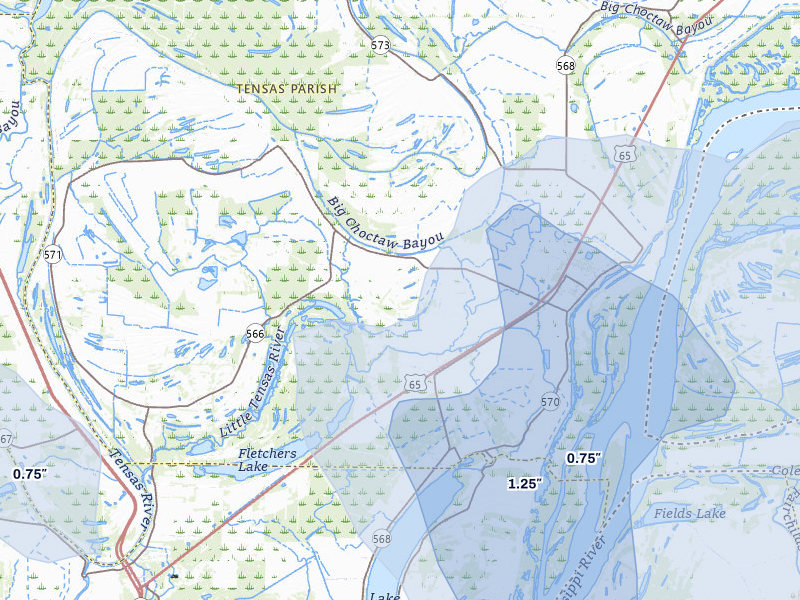 NEXRAD radar-signature map of the hail storm over Waterproof, LA on Jul 1, 2026