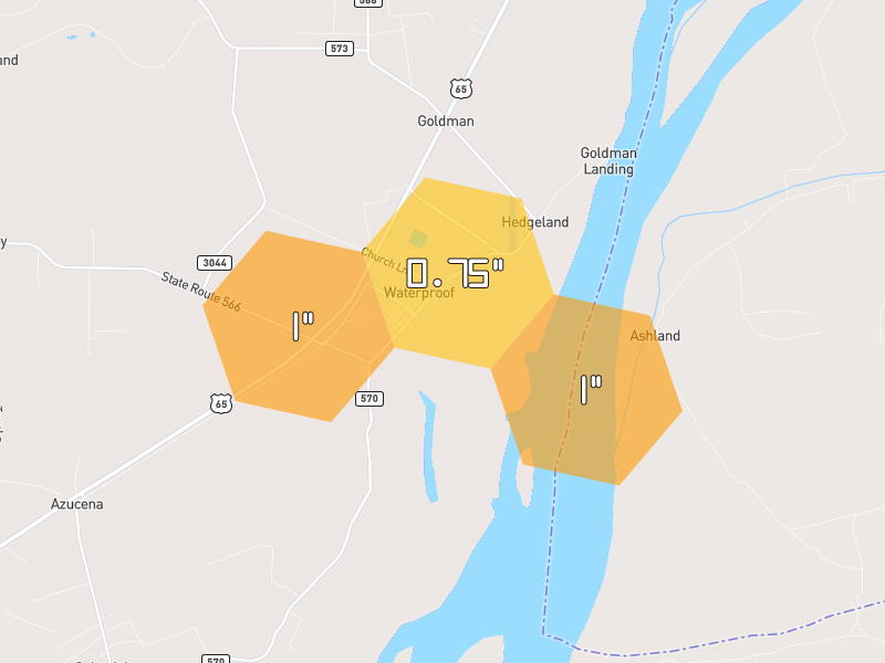 Hail map of Waterproof, LA on Jul 1, 2026, hail up to 1"