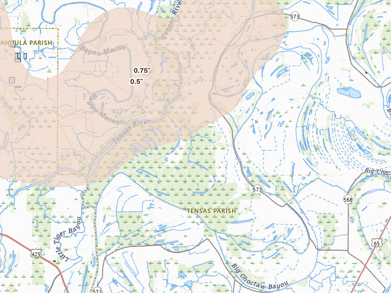 Radar-estimated hail-size map of the storm over Waterproof, LA on Aug 21, 2026