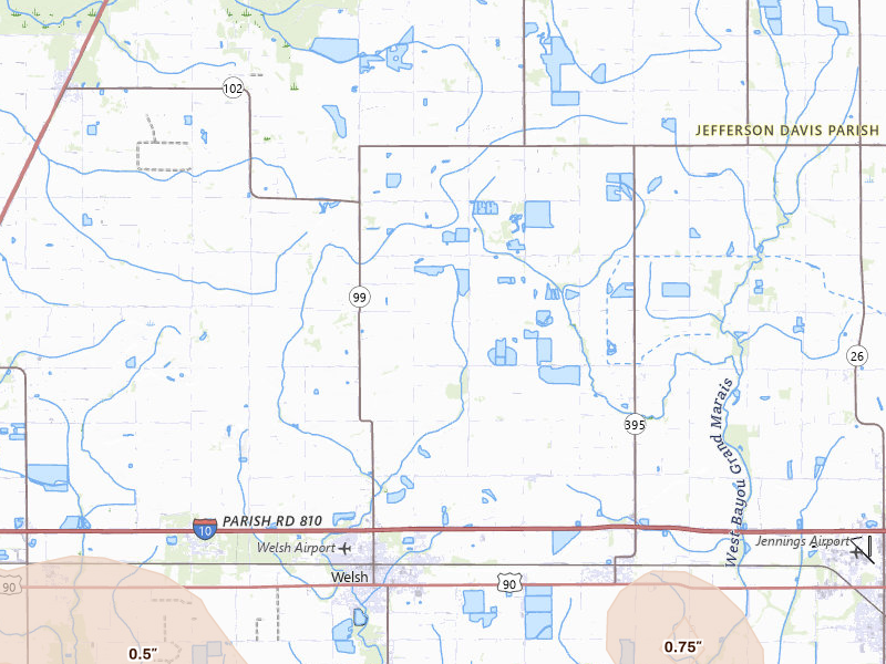 Radar-estimated hail-size map of the storm over Welsh, LA on Jul 5, 2026