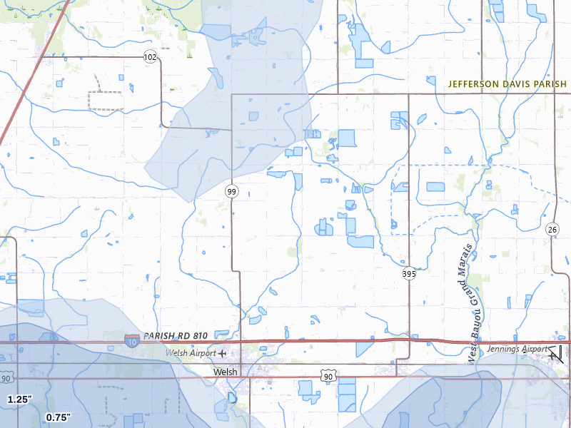 NEXRAD radar-signature map of the hail storm over Welsh, LA on Jul 5, 2026