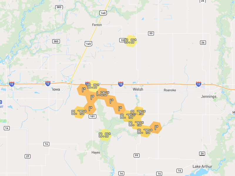 Hail map of Welsh, LA on Jul 6, 2026, hail up to 1.25"