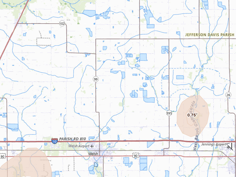 Radar-estimated hail-size map of the storm over Welsh, LA on Jul 7, 2026