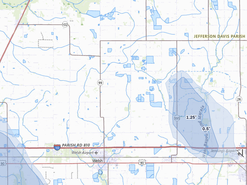 NEXRAD radar-signature map of the hail storm over Welsh, LA on Jul 7, 2026