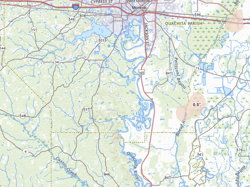 Radar-estimated hail-size map of the storm over West Monroe, LA on Mar 7, 2026