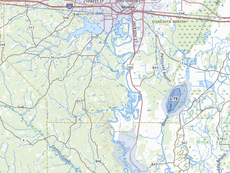 NEXRAD radar-signature map of the hail storm over West Monroe, LA on Mar 7, 2026