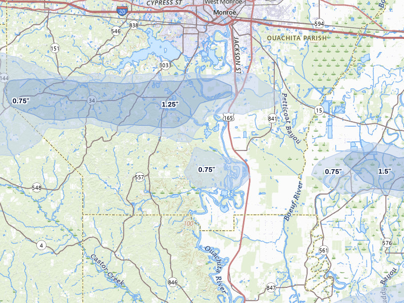 NEXRAD radar-signature map of the hail over West Monroe, LA