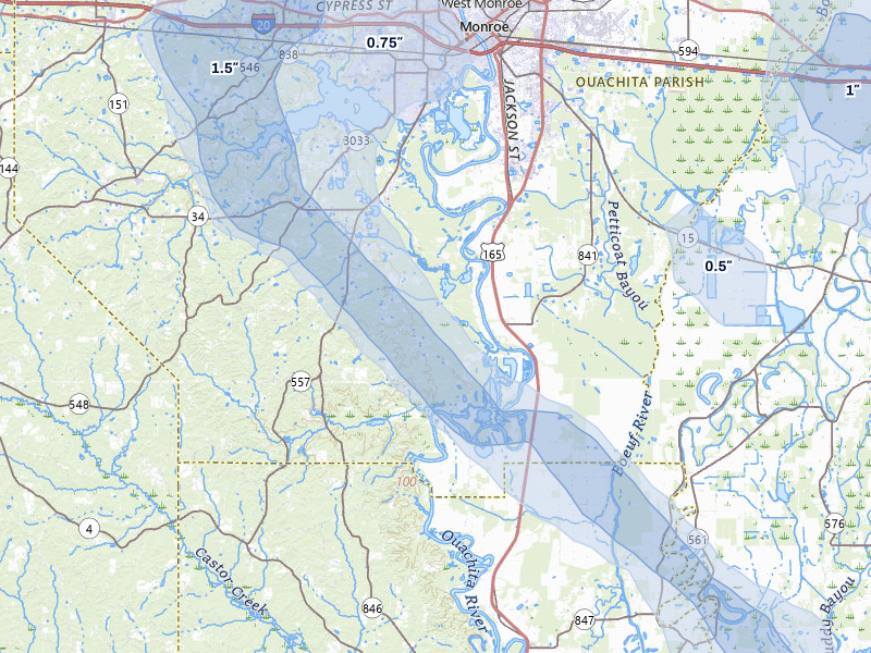 NEXRAD radar-signature map of the hail over West Monroe, LA