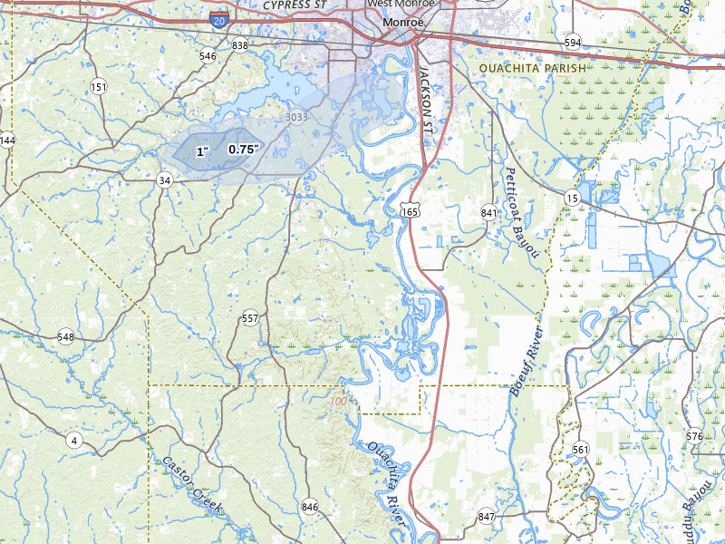 NEXRAD radar-signature map of the hail storm over West Monroe, LA on Apr 28, 2026