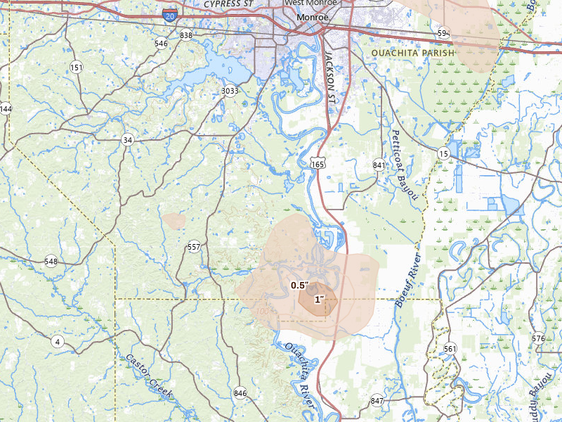 Radar-estimated hail-size map of the storm over West Monroe, LA on May 10, 2026