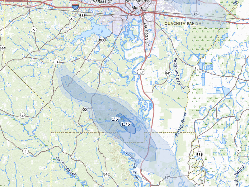 NEXRAD radar-signature map of the hail storm over West Monroe, LA on May 10, 2026