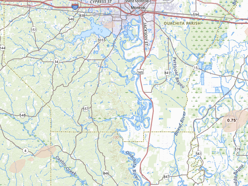 Radar-estimated hail-size map of the storm over West Monroe, LA on May 22, 2026