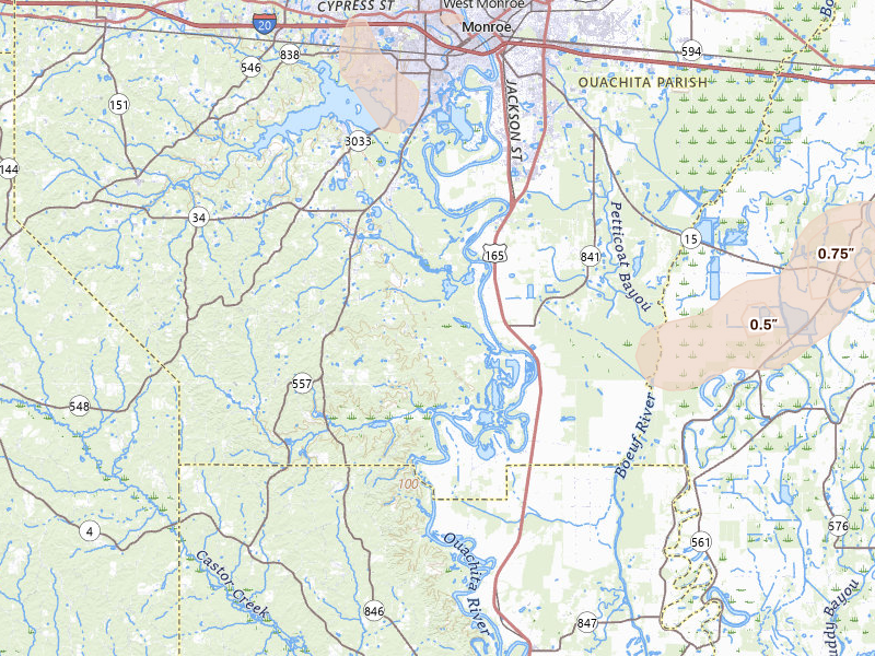 Radar-estimated hail-size map of the storm over West Monroe, LA on Jun 1, 2026