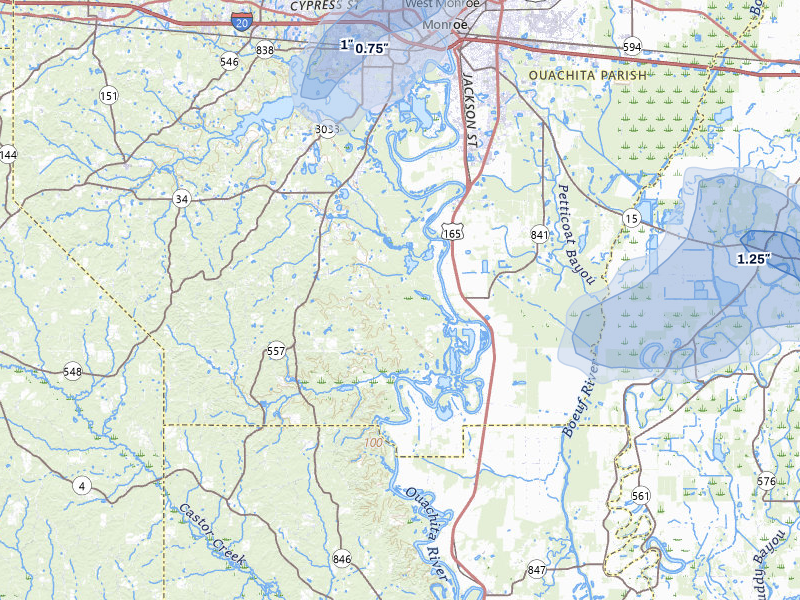 NEXRAD radar-signature map of the hail storm over West Monroe, LA on Jun 1, 2026