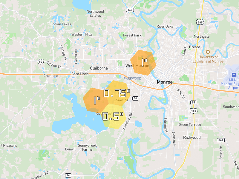 Hail map of West Monroe, LA on Jun 2, 2026, hail up to 1"