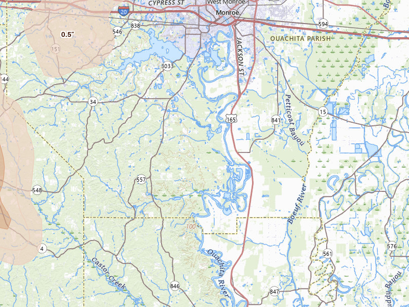 Radar-estimated hail-size map of the storm over West Monroe, LA on Jun 22, 2026