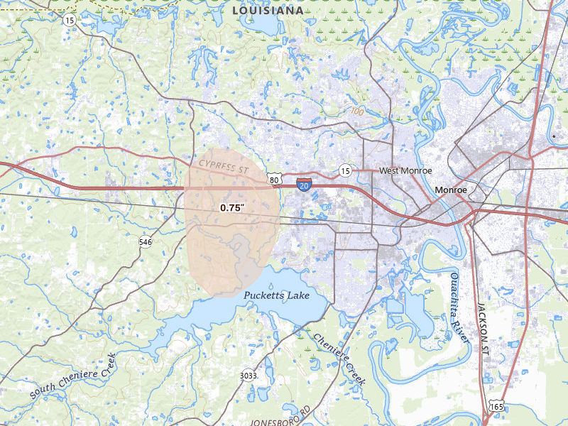 Radar-estimated hail-size map of the storm over West Monroe, LA on Aug 6, 2026