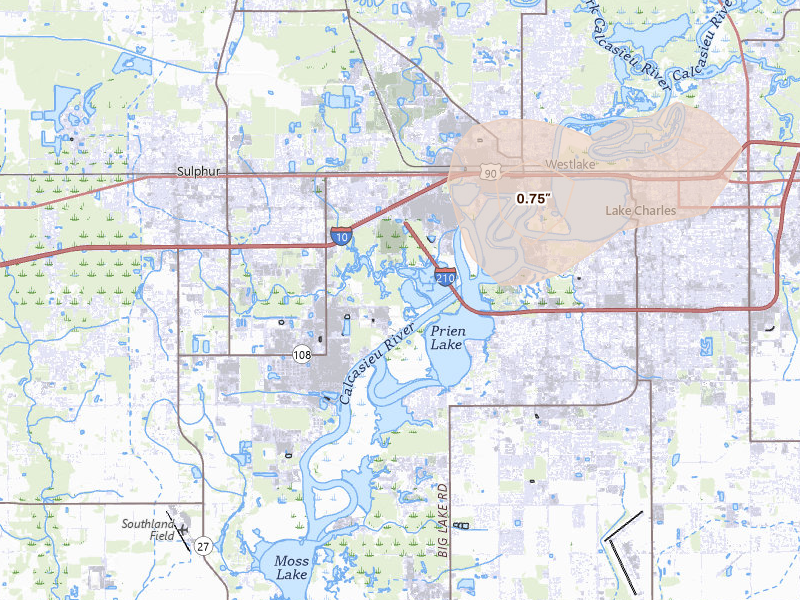 Radar-estimated hail-size map of the storm over Westlake, LA on Jul 1, 2026
