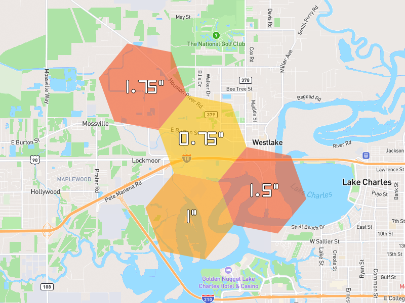 Hail map of Westlake, LA on Jul 1, 2026, hail up to 1.75"