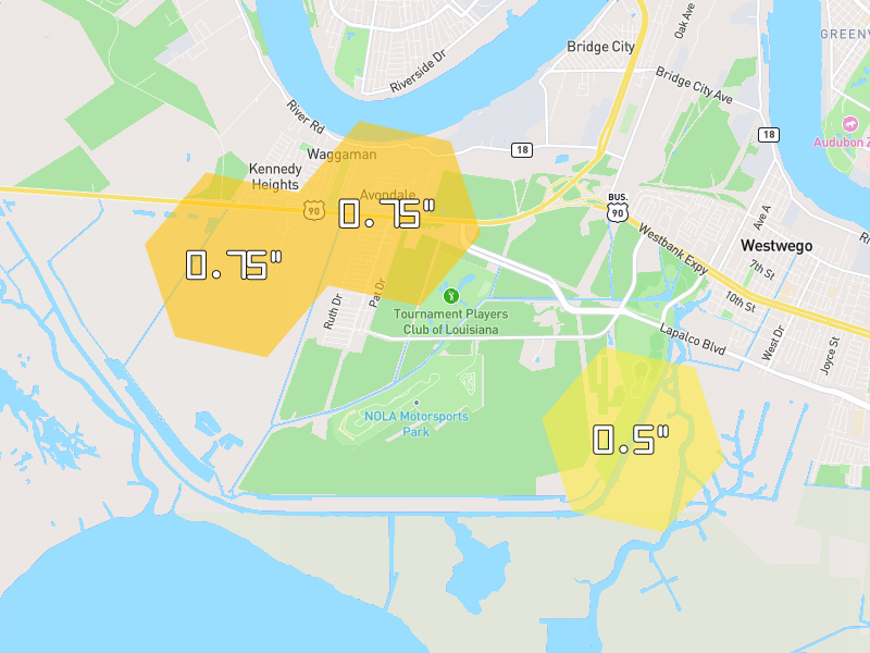 Hail map of Westwego, LA on Jul 5, 2026, hail up to 0.75"