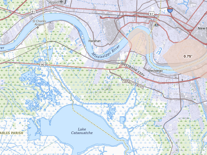 Radar-estimated hail-size map of the storm over Westwego, LA on Aug 21, 2026
