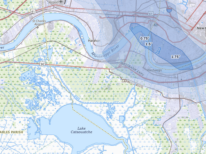 NEXRAD radar-signature map of the hail storm over Westwego, LA on Aug 21, 2026