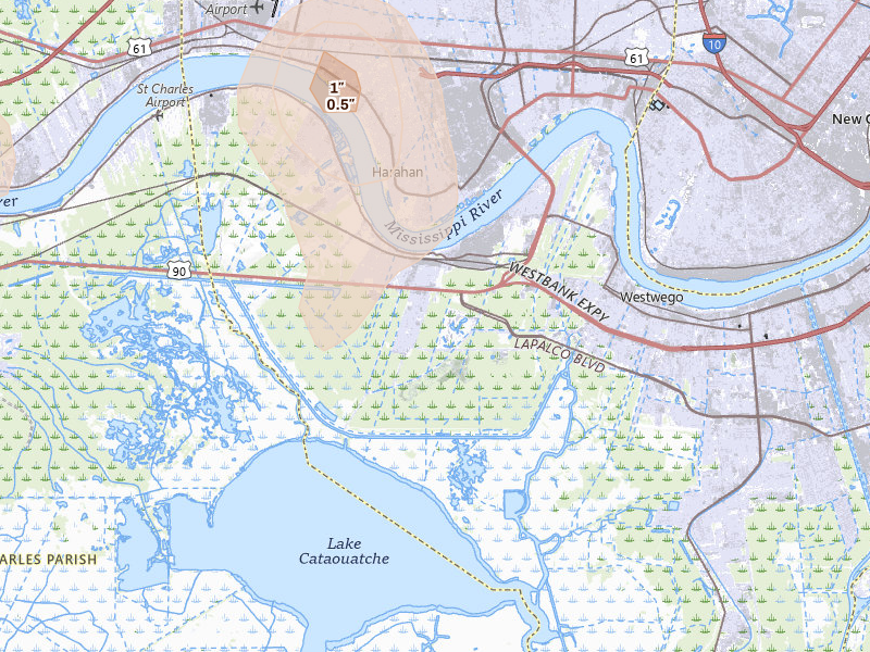 Radar-estimated hail-size map of the storm over Westwego, LA on Aug 24, 2026