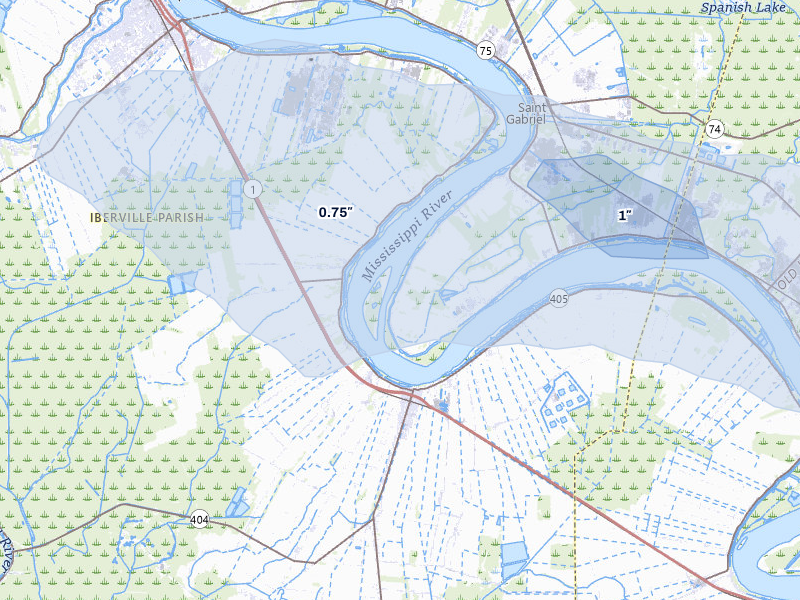 NEXRAD radar-signature map of the hail over White Castle, LA
