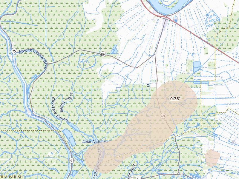 Radar-estimated hail-size map of the storm over White Castle, LA on Aug 21, 2026