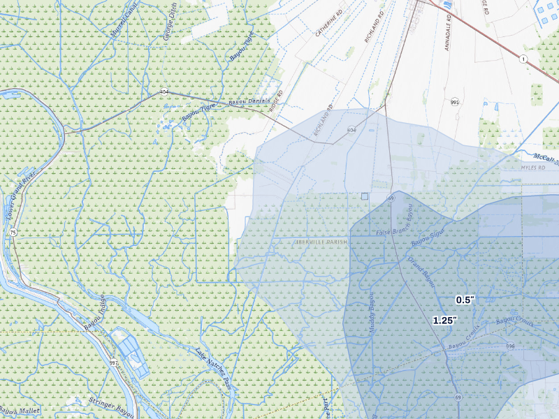 NEXRAD radar-signature map of the hail storm over White Castle, LA on Aug 21, 2026