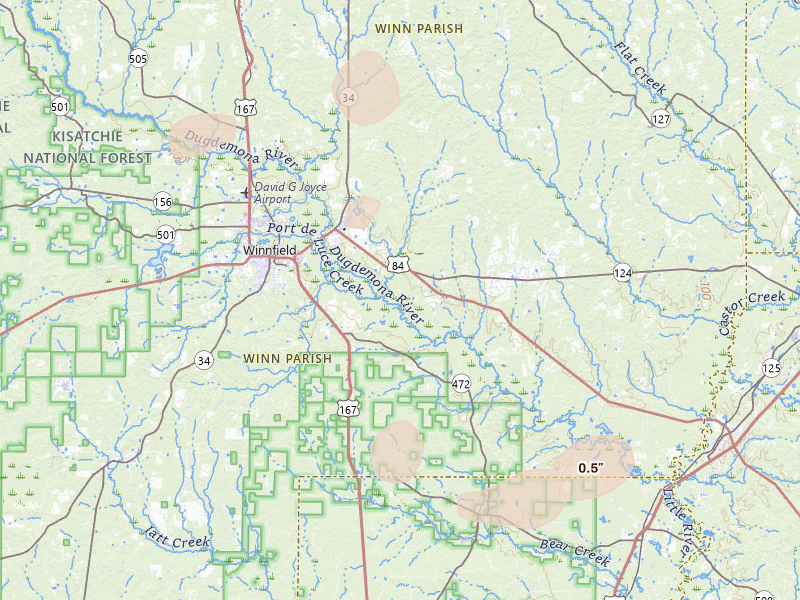 Radar-estimated hail-size map of the storm over Winnfield, LA on Jun 2, 2026