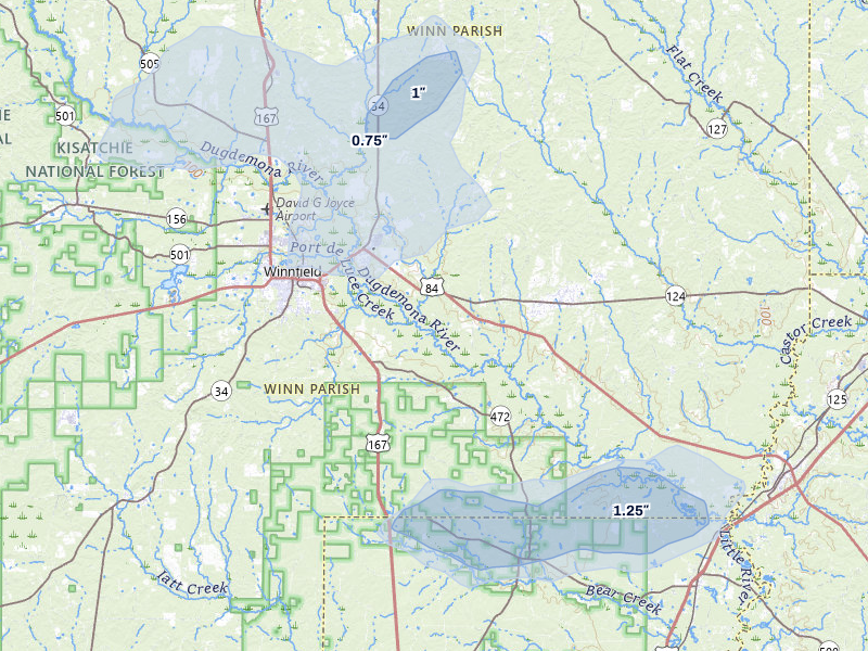 NEXRAD radar-signature map of the hail storm over Winnfield, LA on Jun 2, 2026