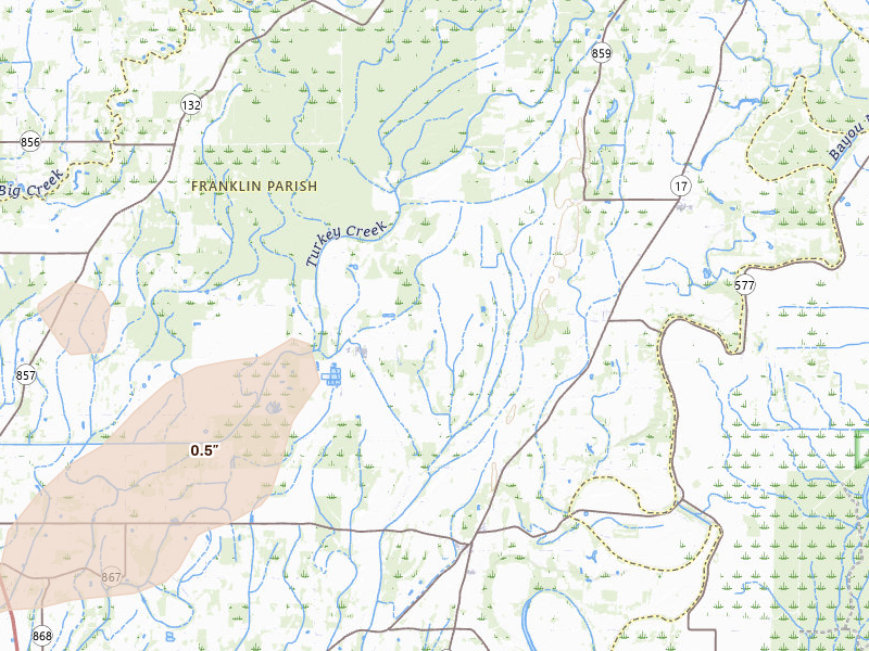 Radar-estimated hail-size map of the storm over Winnsboro, LA on Mar 7, 2026