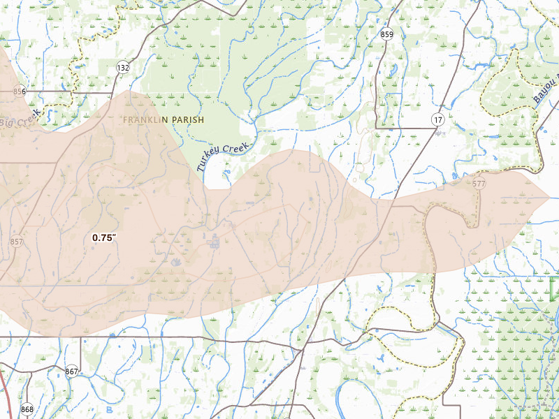 Radar-estimated hail-size map of the storm over Winnsboro, LA on Mar 15, 2026