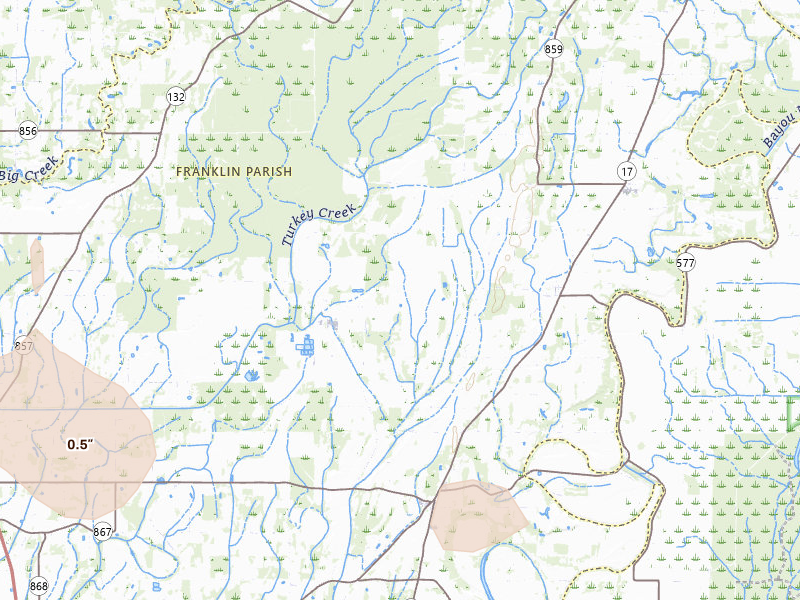 Radar-estimated hail-size map of the storm over Winnsboro, LA on Apr 25, 2026