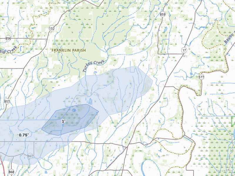 NEXRAD radar-signature map of the hail storm over Winnsboro, LA on May 6, 2026