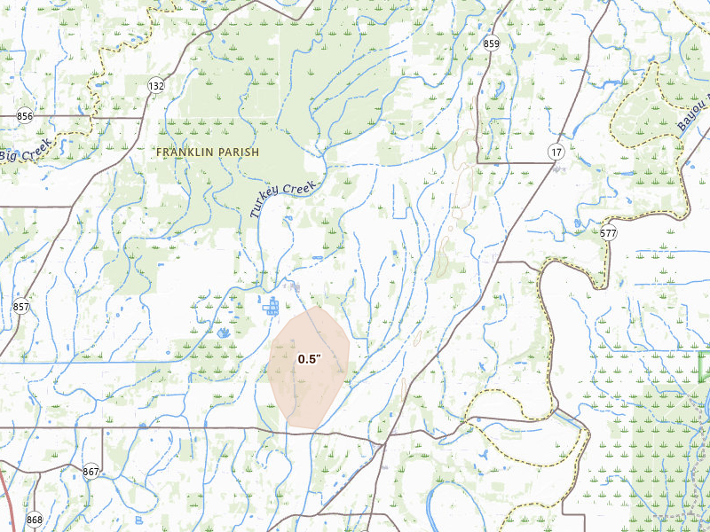 Radar-estimated hail-size map of the storm over Winnsboro, LA on Jul 1, 2026