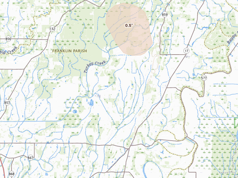 Radar-estimated hail-size map of the storm over Winnsboro, LA on Jul 12, 2026