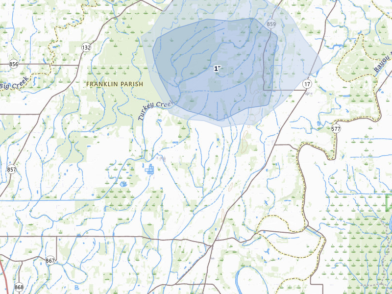 NEXRAD radar-signature map of the hail storm over Winnsboro, LA on Jul 12, 2026