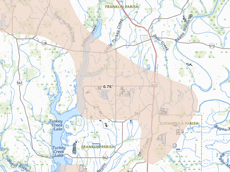 Radar-estimated hail-size map of the storm over Wisner, LA on Apr 25, 2026