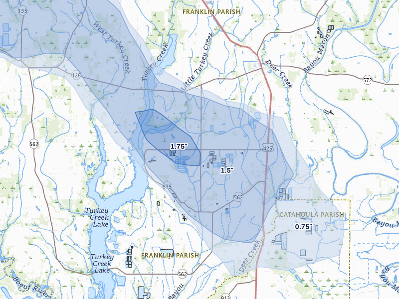 NEXRAD radar-signature map of the hail storm over Wisner, LA on Apr 25, 2026