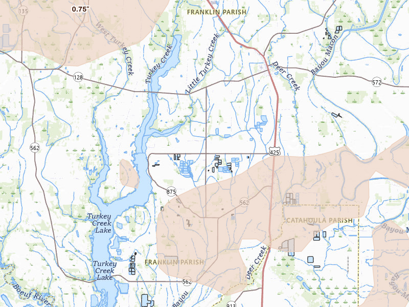 Radar-estimated hail-size map of the storm over Wisner, LA on May 8, 2026