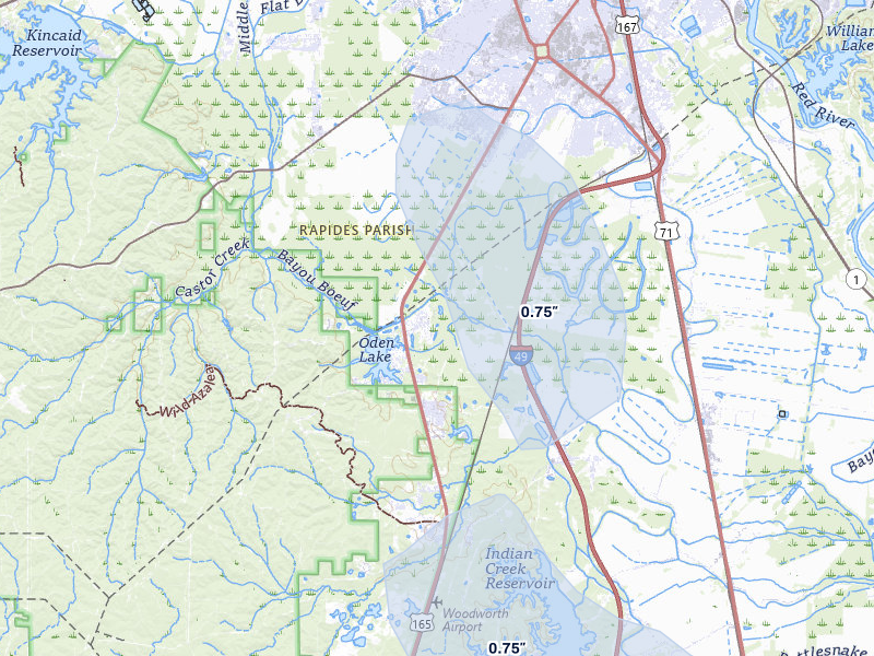 NEXRAD radar-signature map of the hail over Woodworth, LA