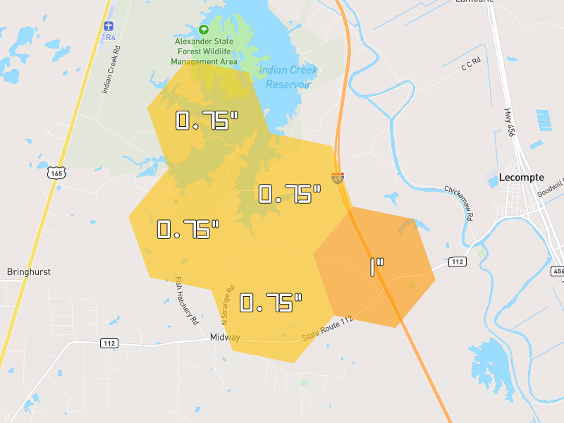 Hail map of Woodworth, LA on Jul 4, 2026, hail up to 1"