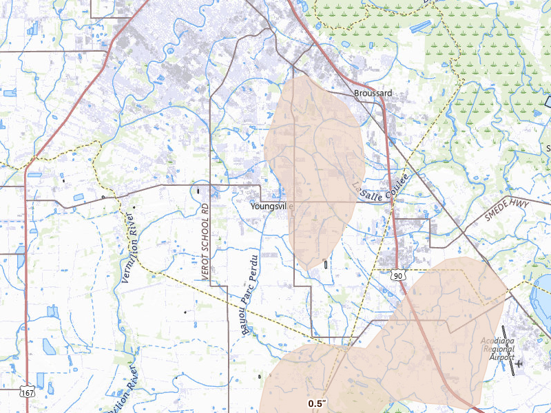 Radar-estimated hail-size map of the storm over Youngsville, LA on Jul 5, 2026