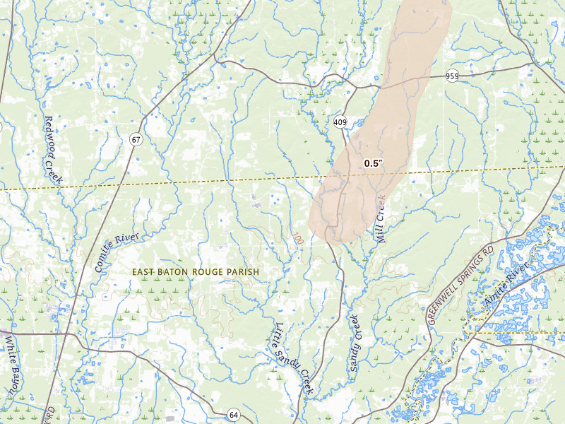 Radar-estimated hail-size map of the storm over Zachary, LA on Mar 7, 2026