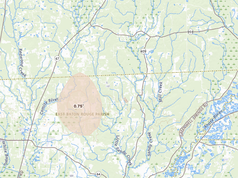 Radar-estimated hail-size map of the storm over Zachary, LA on Apr 2, 2026